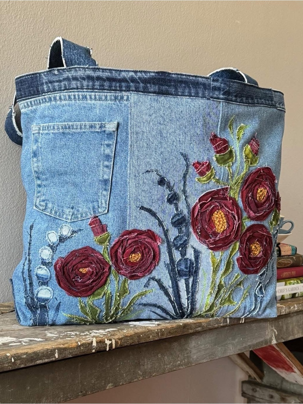 Handcrafted “Rose Garden” Denim Oversized Tote - Picture 13 of 16